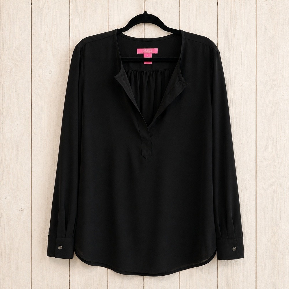 Catherine‎ Malandrino Womens XL Black Split Neck Long Sleeve Pleated Back Blouse